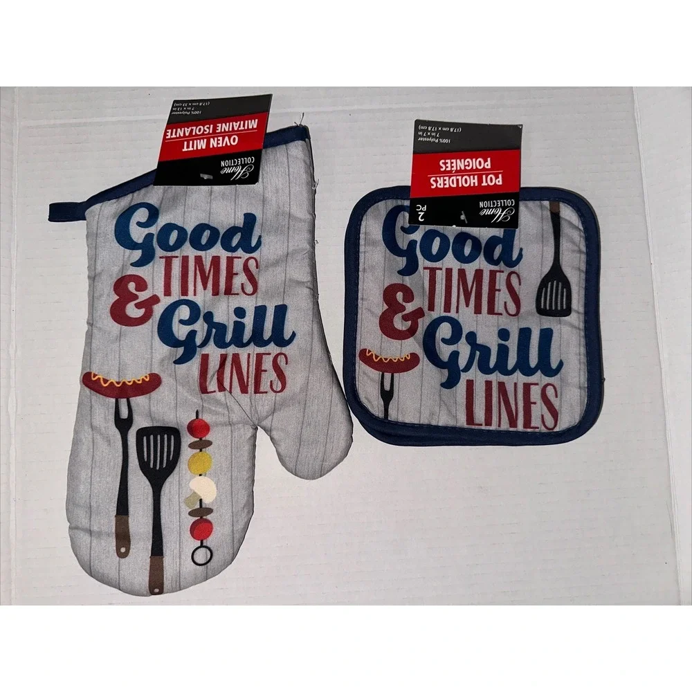 Home Collection Good Times & Grill Lines Oven Mitt and Pot Holders BBQ Set Gray